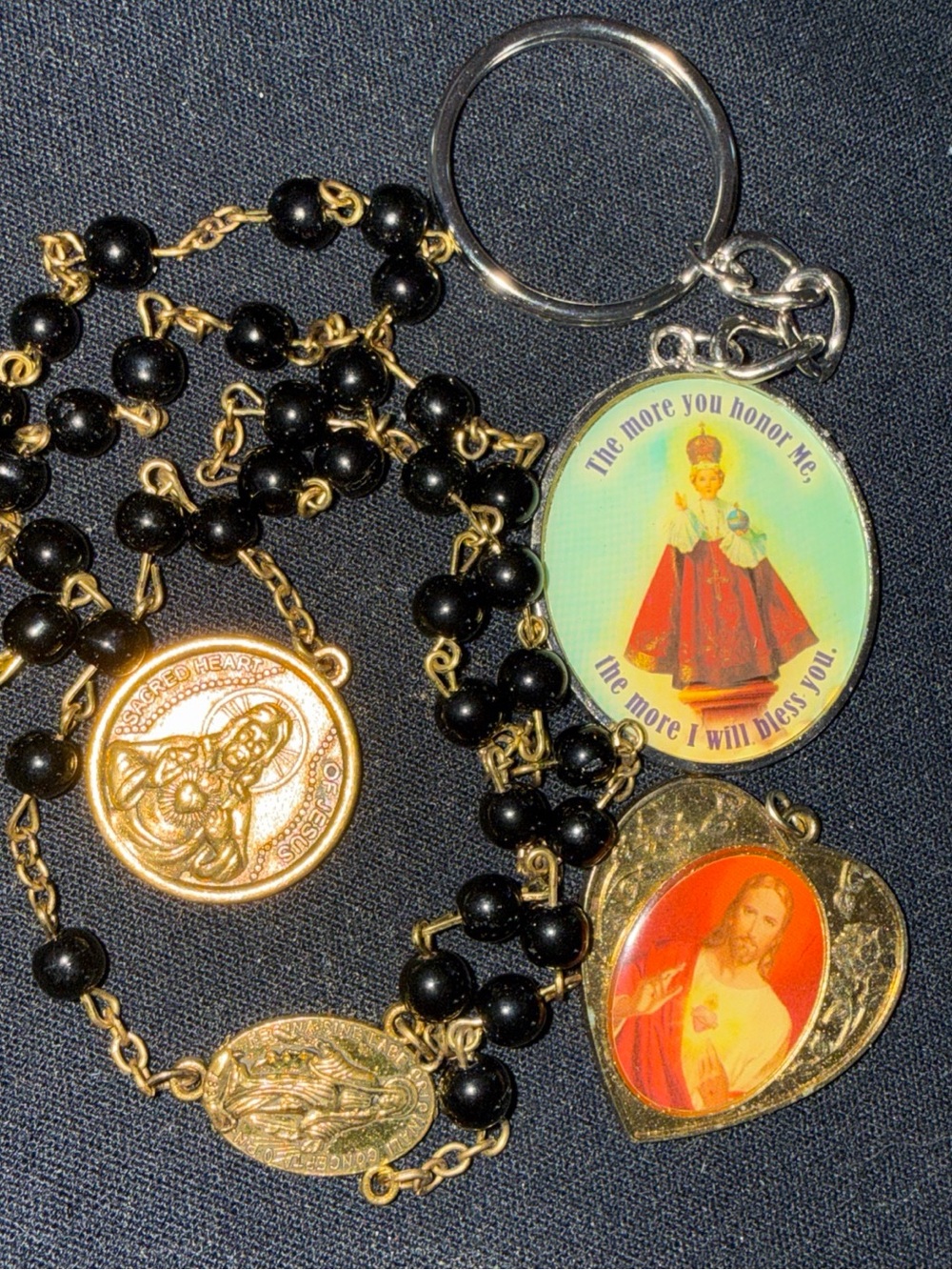 Religious Black Bead Rosary Necklace Devotional Medallions Catholic heart Jesus